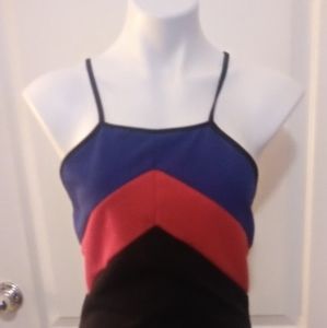 Sleeveless blue , red and black
